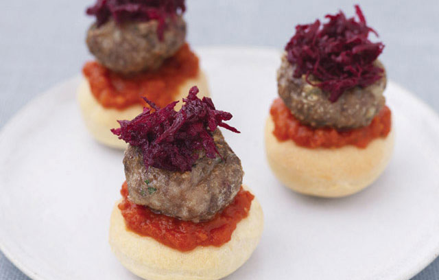 Mini Beef Burgers on Pizza Bases with Chilli and Beetroot Salad