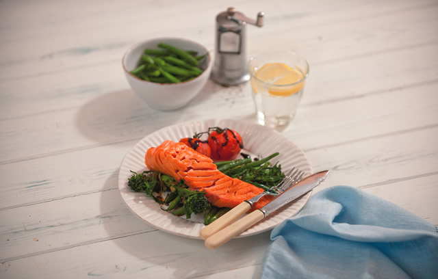 Salmon with Steamed Beans and Broccoli with Mustard Dressing