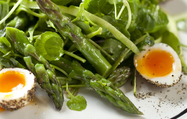 Asparagus with Peppered Soft Boiled Quail's Eggs, Watercress and Wasabi Dressing