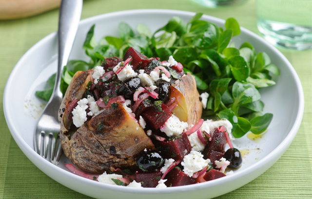 Baked Potato filled with Beetroot, Feta and Mint Salad