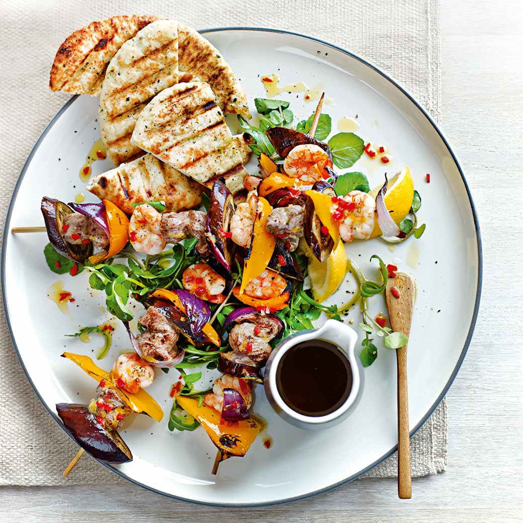 Beef and Prawn Kebabs with Red Onion, Peppers and Aubergine