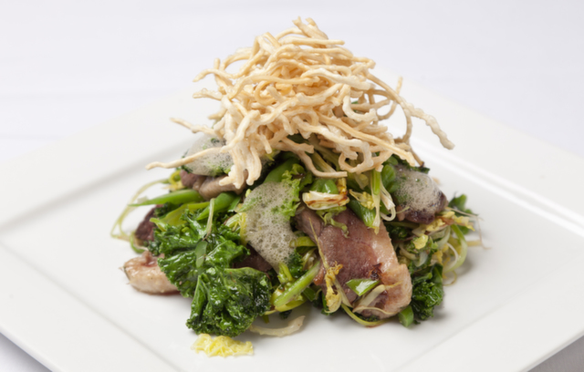 Honey Marinated Duck Breast, Sauteed Greens and Crispy Noodles