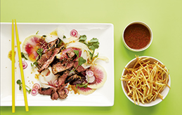Miso and Sesame-griddled Beef Fillet with Radish Salad and Match Chips