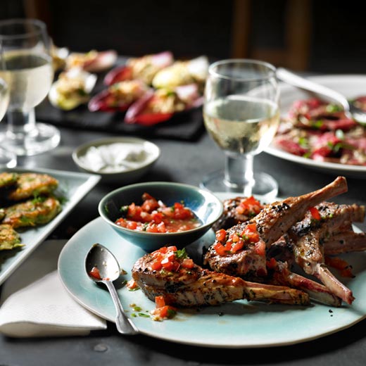 Garlic, Rosemary and Olive-Marinated Lamb Cutlets with a Caper and Tomato Salsa