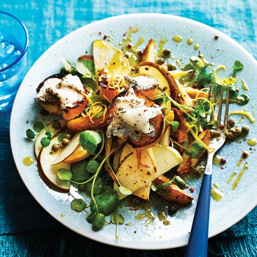 Blush Pear, New Potato & Watercress Salad with Goat's Cheese Toasts