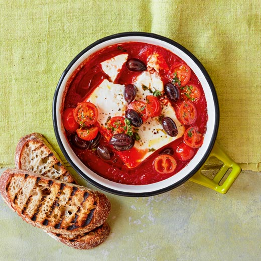 Mediterranean Baked Feta With Tomatoes, Olives and Thyme Served With Sourdough