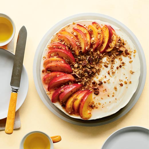No-bake peach cheesecake with ginger biscuit base and pecan crumble