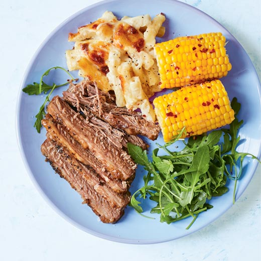 Slow-roasted beef brisket with sweet chilli corn and macaroni cheese