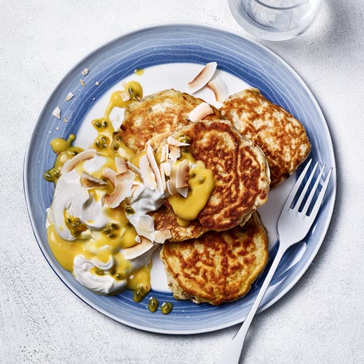 Banana Pancakes with Passion Fruit Curd