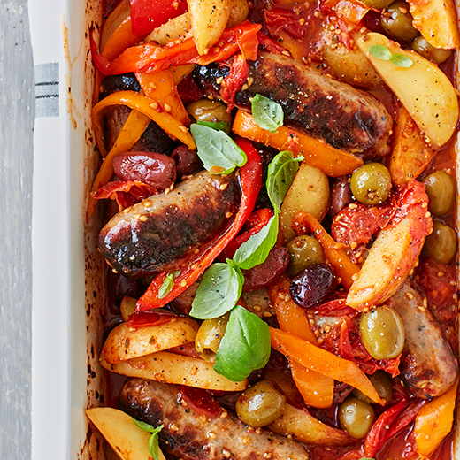 Oven Baked Sausages with Tomatoes, New Potatoes & Olives