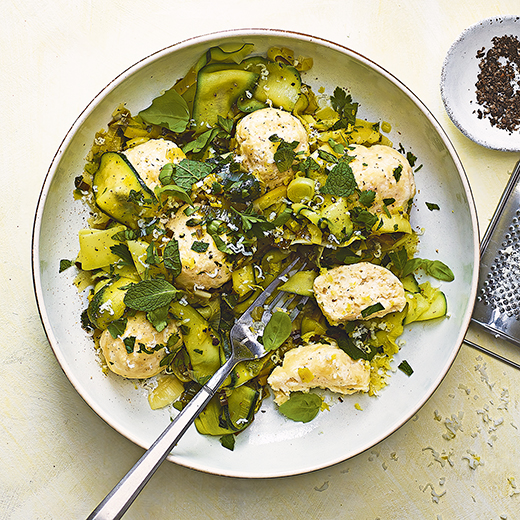 Goat’s Cheese Dumplings with Caramelised Leeks and Courgettes