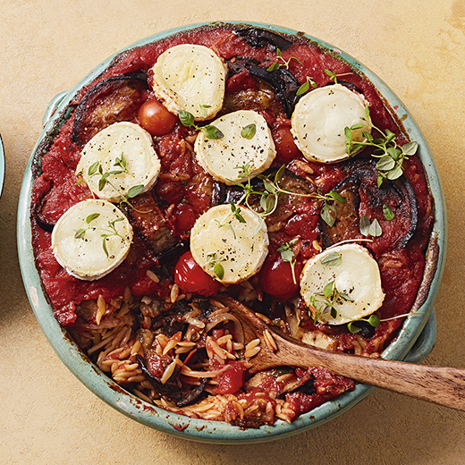 Aubergine and Tomato Orzo with Goat’s Cheese