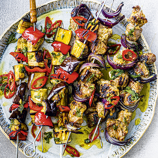 Fenugreek and Yoghurt Lamb Kebabs with Peppers and Aubergine 