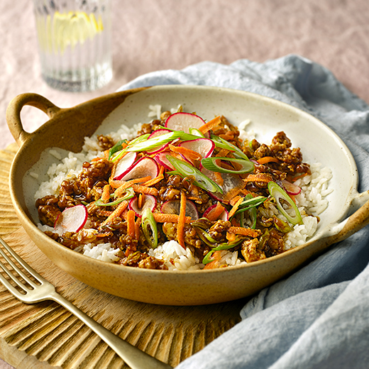 Sticky Tofu Rice Bowls with Tangy Carrot Slaw