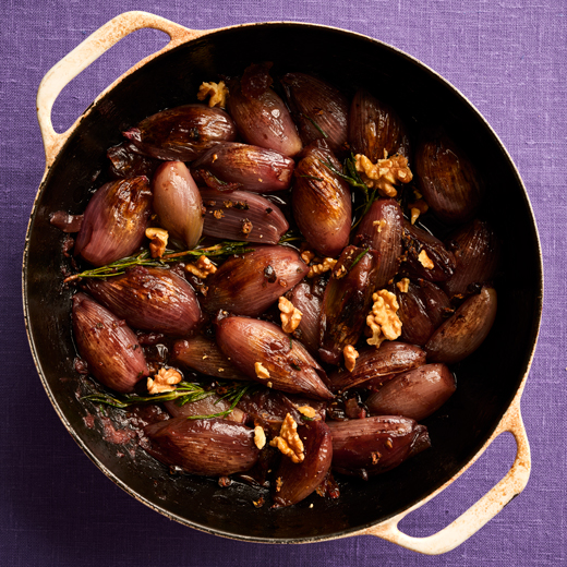 Roasted Shallots with Dates, Port and Walnuts