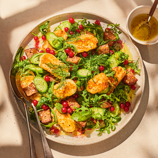 Herby Halloumi Salad with Rye Croutons