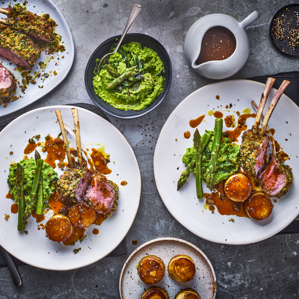Herb-Crusted Rack of Lamb with Fondant Potato, Pea Puree, Asparagus and Thyme Jus