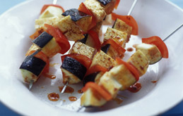 Halloumi, Red Pepper and Aubergine Kebabs 