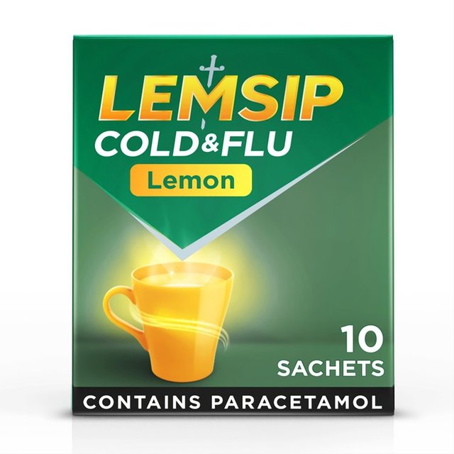 Lemsip Cold & Flu Lemon Sachets Paracetamol Sore Throat, 10 Per Pack
