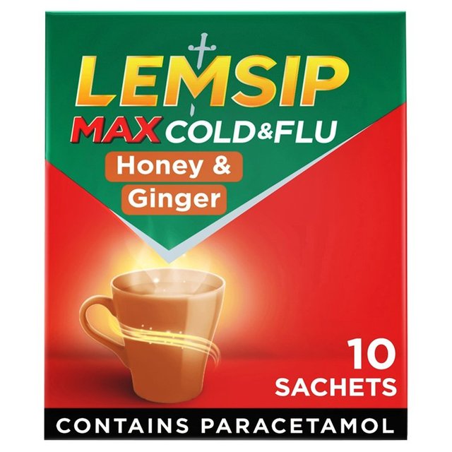 Lemsip Max Cold & Flu Honey & Ginger Sachets Paracetamol, 10 Per Pack