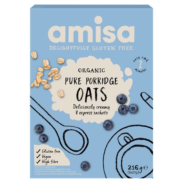 Amisa Organic Gluten Free Pure Porridge Oats Express Sachets, 8 x 27g