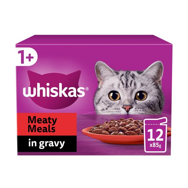 Whiskas 1+ Adult Wet Cat Food Pouches Meaty Meals in Gravy, 12 x 85g
