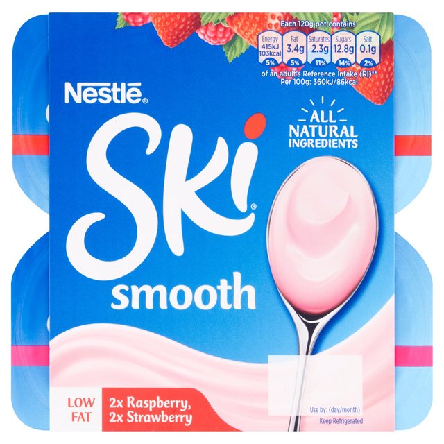SKI Yoghurt Smooth Strawberry & Raspberry, 4 x 120g