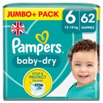 Pampers Baby-Dry Nappies, Size 6 (13-18kg) Jumbo+ Pack