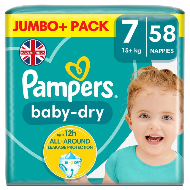 Pampers Baby-Dry Nappies, Size 7, 15kg+, Jumbo+ Pack