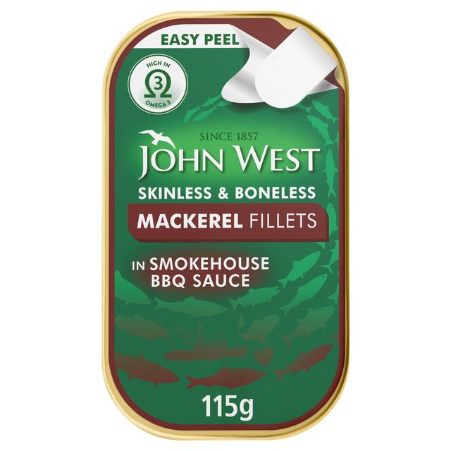 John West Skinless & Boneless Mackerel Fillets In Smokehouse BBQ Sauce, 115g