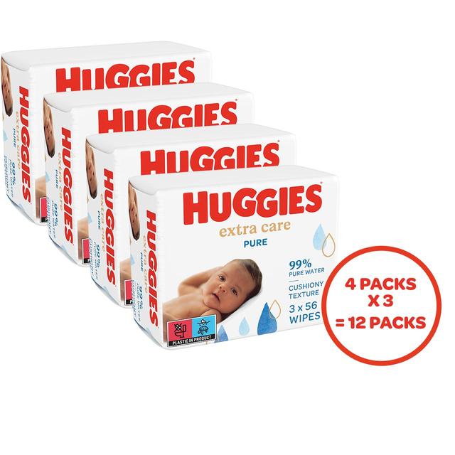 Huggies Pure Extra Care 99% Water Baby Wipes, Multipack, 12 x 56 per Pack