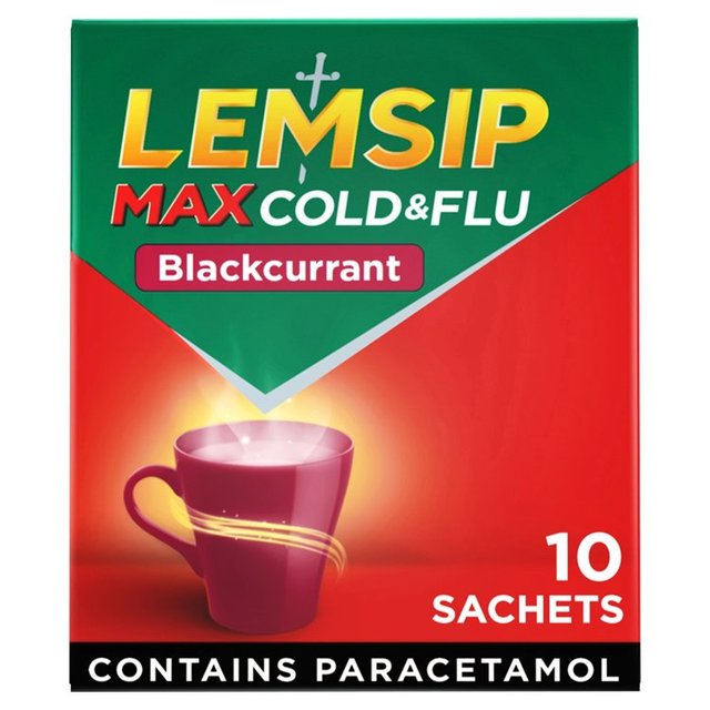 Lemsip Max Cold & Flu Blackcurrant Sachets Paracetamol, 10 Per Pack
