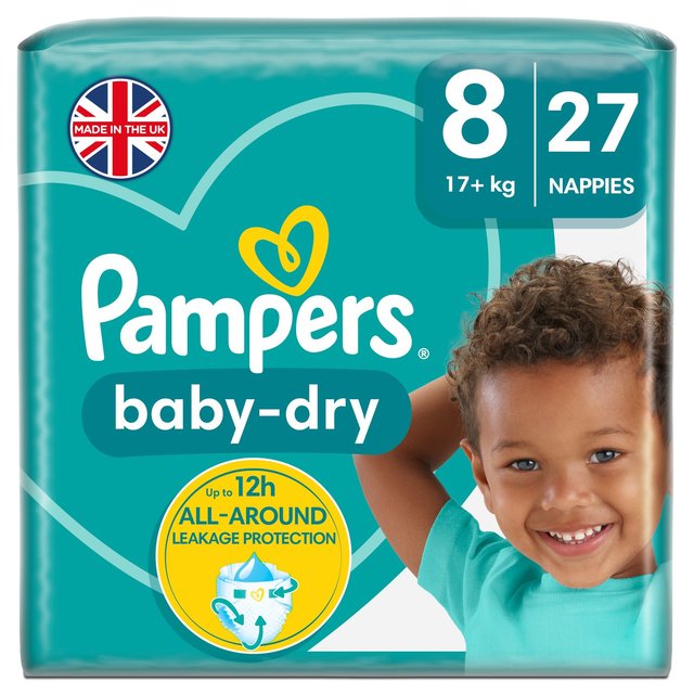 Pampers Baby-Dry Nappies, Size 8, 17kg+, Essential Pack
