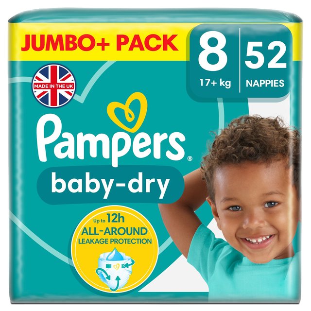 Pampers Baby-Dry Nappies, Size 8, 17kg+, Jumbo+ Pack
