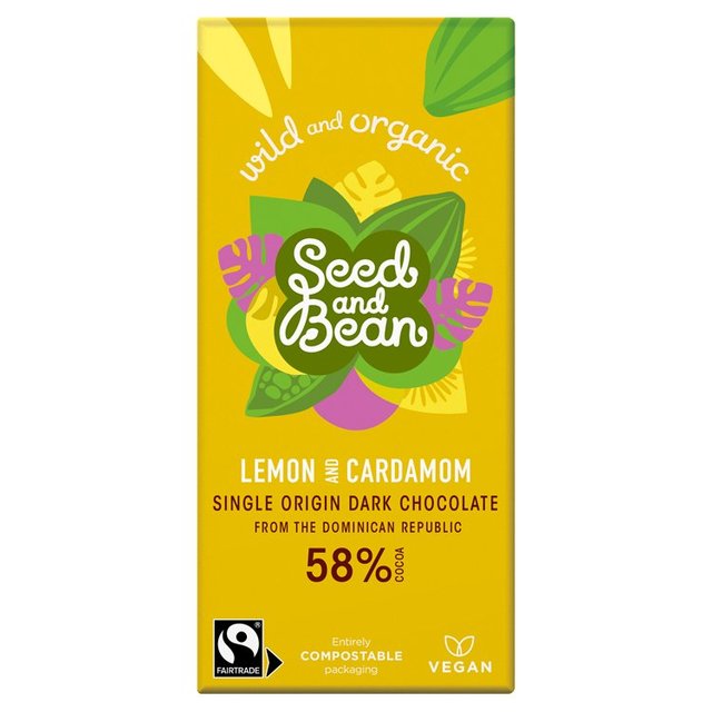 Seed & Bean Organic Dark Chocolate Bar 58% Lemon & Cardamom, 85g