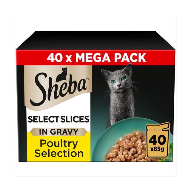 Sheba Select Slices Cat Food Pouches Poultry in Gravy Mega Pack, 40 x 85g