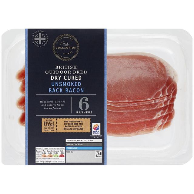 M & S Select Farms Outdoor Bred 6 Dry Cured Unsmoked Back Bacon Rashers, 200g