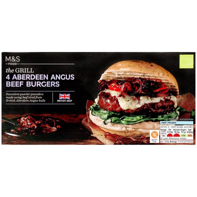 M & S 4 Aberdeen Angus Beef Burgers Frozen, 454g