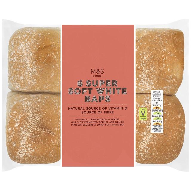 M & S Super Soft White Baps, 6 Per Pack