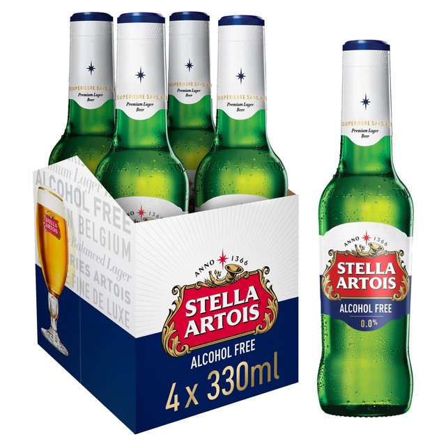 Stella Artois Alcohol Free Premium Lager Beer Bottles, 4 x 330ml