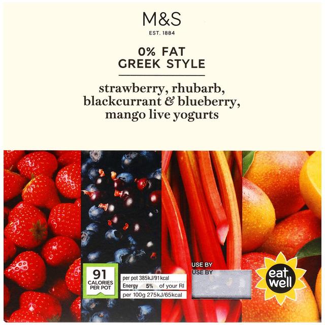 M & S Greek Style Live Yogurts 0% Fat Mixed Fruit, 4 x 140g