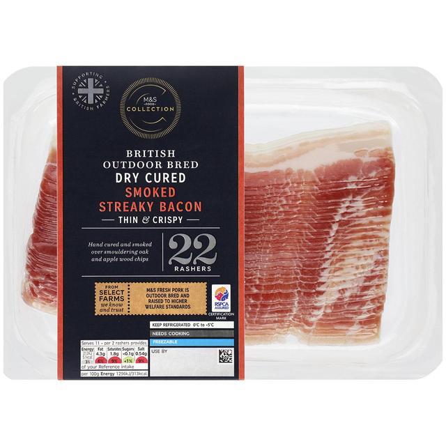 M & S British Outdoor Bred Dry Cured Smoked Streaky Bacon Thin & Crispy, 180g