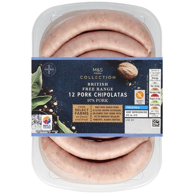 M & S Select Farms British 12 Free Range Pork Chipolatas, 375g