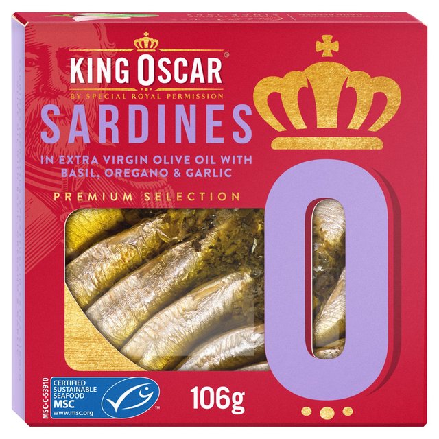 King Oscar Msc Sardines With Basil, Oregano & Garlic in Extra Virgin Olive Oil, 106g