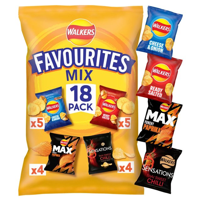 Walkers Favourites Mix Multipack Snacks Crisps, 18 per Pack