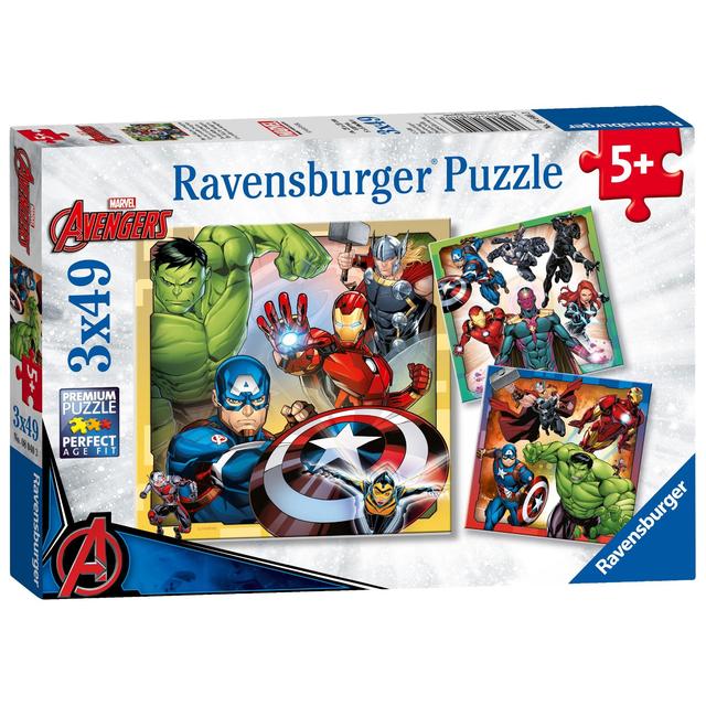 Avengers 17.8x17.8cm Yellow, Blue And Red Ravensburger Pack of 3 Marvel Assemble 49 Piece Jigsaw Puzzles, 3x 49