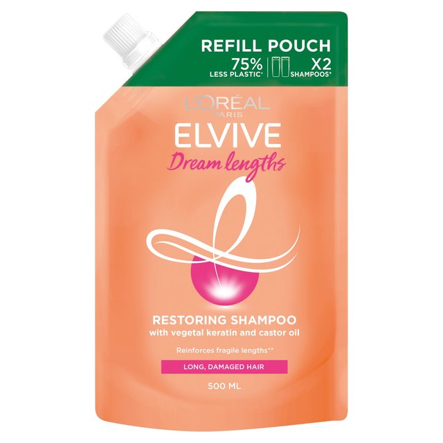 L’Oreal Elvive Dream Lengths Shampoo Refill Pouch For Long Damaged Hair, 500ml