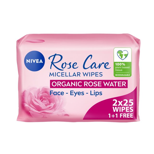 Nivea Rose Care Biodegradable Micellar Face Wipes With Organic Water, 2 x 25 per Pack