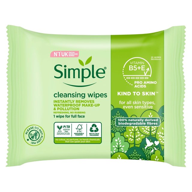 Simple Kind to Skin Biodegradable Face Wipes, 25 Per Pack