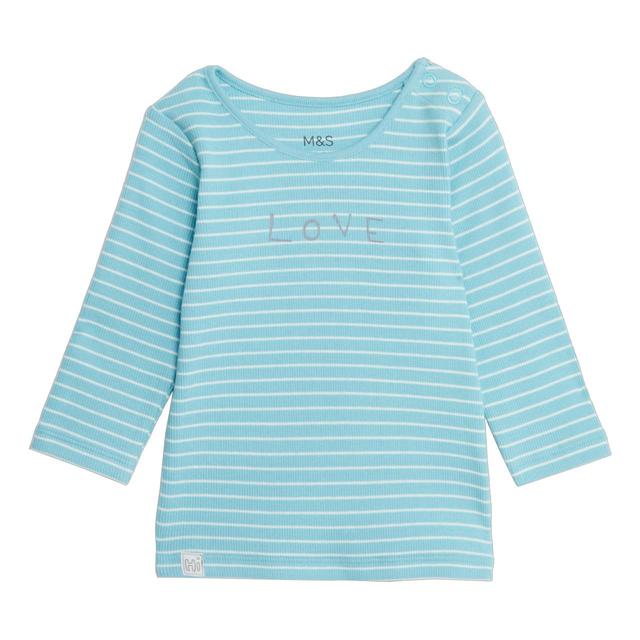 M & S Love Stripe Long Sleeve Tee, 3-6 Months, Turquoise Mix